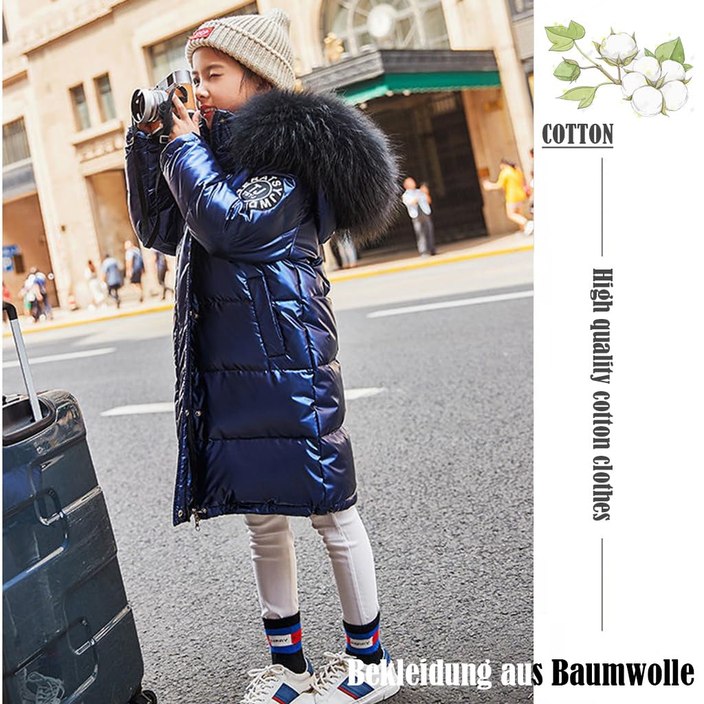 Linboo - Abrigo largo para niña, chaqueta de plumón cálido, para niño, invierno, con capucha, piel acolchada, parka luminosa