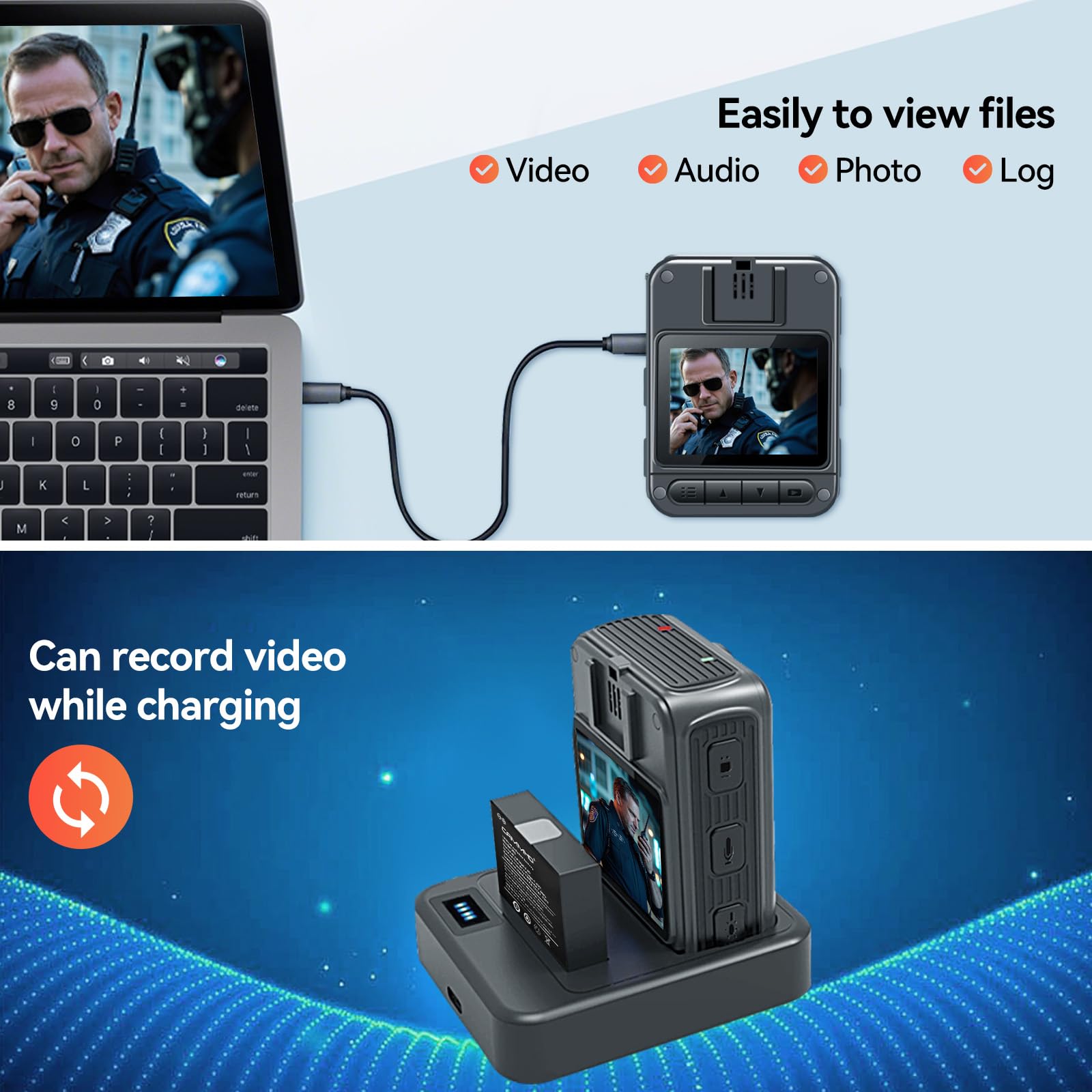 CAMMHD W8-128GB 4K Anti-Shake Body Cam 2 baterías 4000mAh con 10 horas de grabación de vídeo, cifrado de datos coche Ultra HD visión nocturna Bodycam cámara corporal con estación de carga para