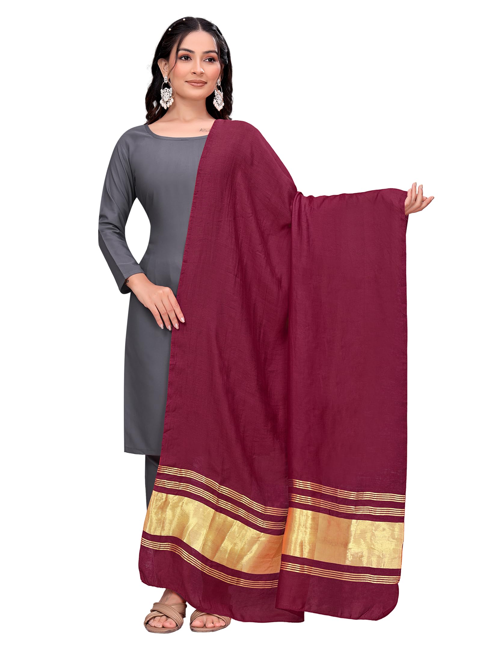 Women's Silk Blend Dupatta with Golden Zari Lagdi Patta Border, 2.5 Meter Solid Ethnic Chunni-picture-54