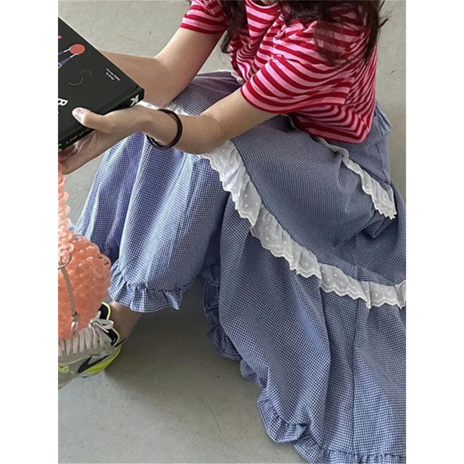 Gonna Scherma Lunghe con Stampa A Quadri Primaverili Donne in Pizzo Patchwork con Rantoli Pieghe per Signore Sfilate Gonne da Donna Sciolta