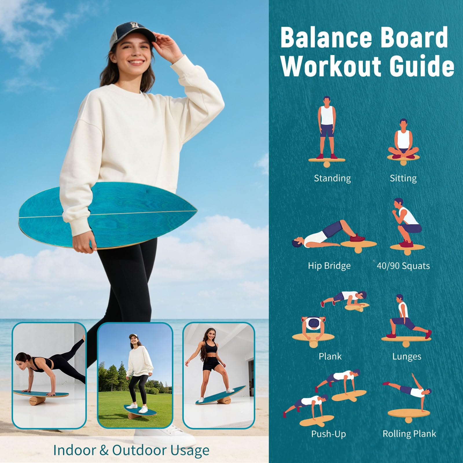 FANTASK Balance Board aus Birkenholz, FSC-zertifiziertes Wackelbrett mit Korkrolle & Halterung, Gleichgewichtstrainer für Erwachsene, Surfboard indoor, 150 kg Belastbar