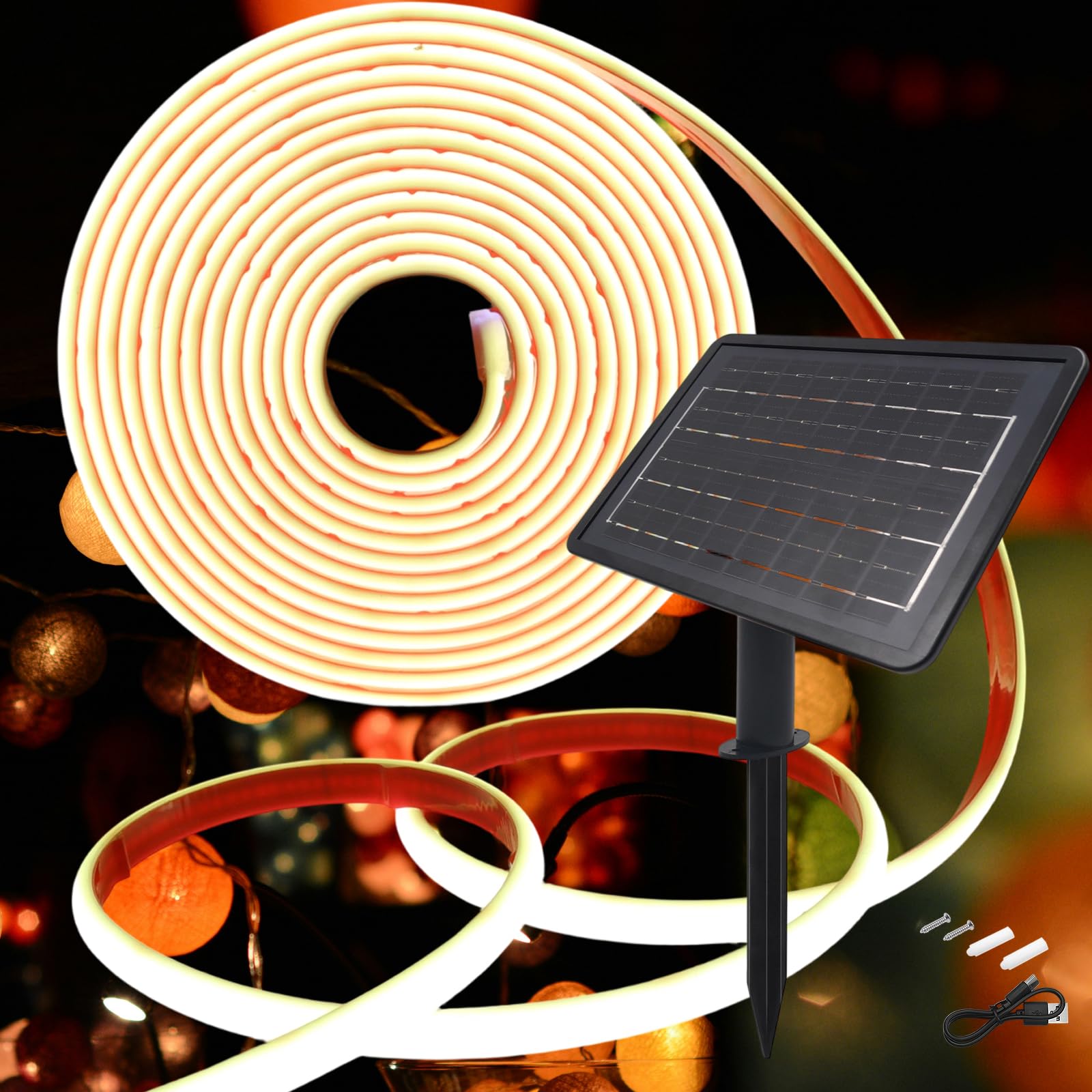 KISUFU 24V Luces Exterior Solar, IP68 Impermeable Luminoso COB 320 Leds/m Neon Tira de Luz LED 8 Modos de Luz Luces Solares con 7200mah Panel Solar Para Jardines, Patio, Dormitorio.