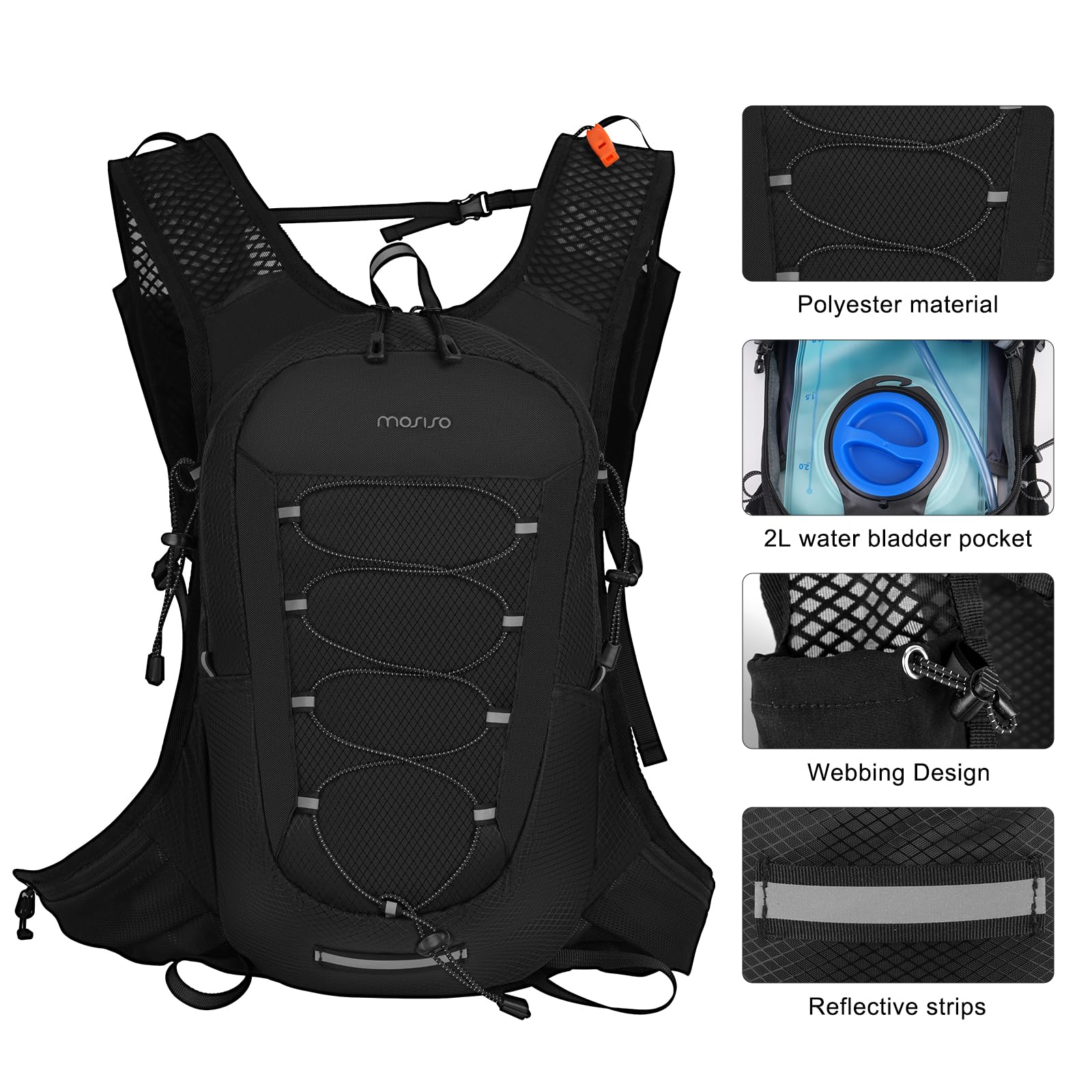 MOSISO Sac à Dos d'Hydratation Léger 2L, Noir | Réservoir 2L, Sac à Dos Léger avec Corde Élastique & Poche Avant, pour Randonnée, Sentier, Escalade, Course, Cyclisme