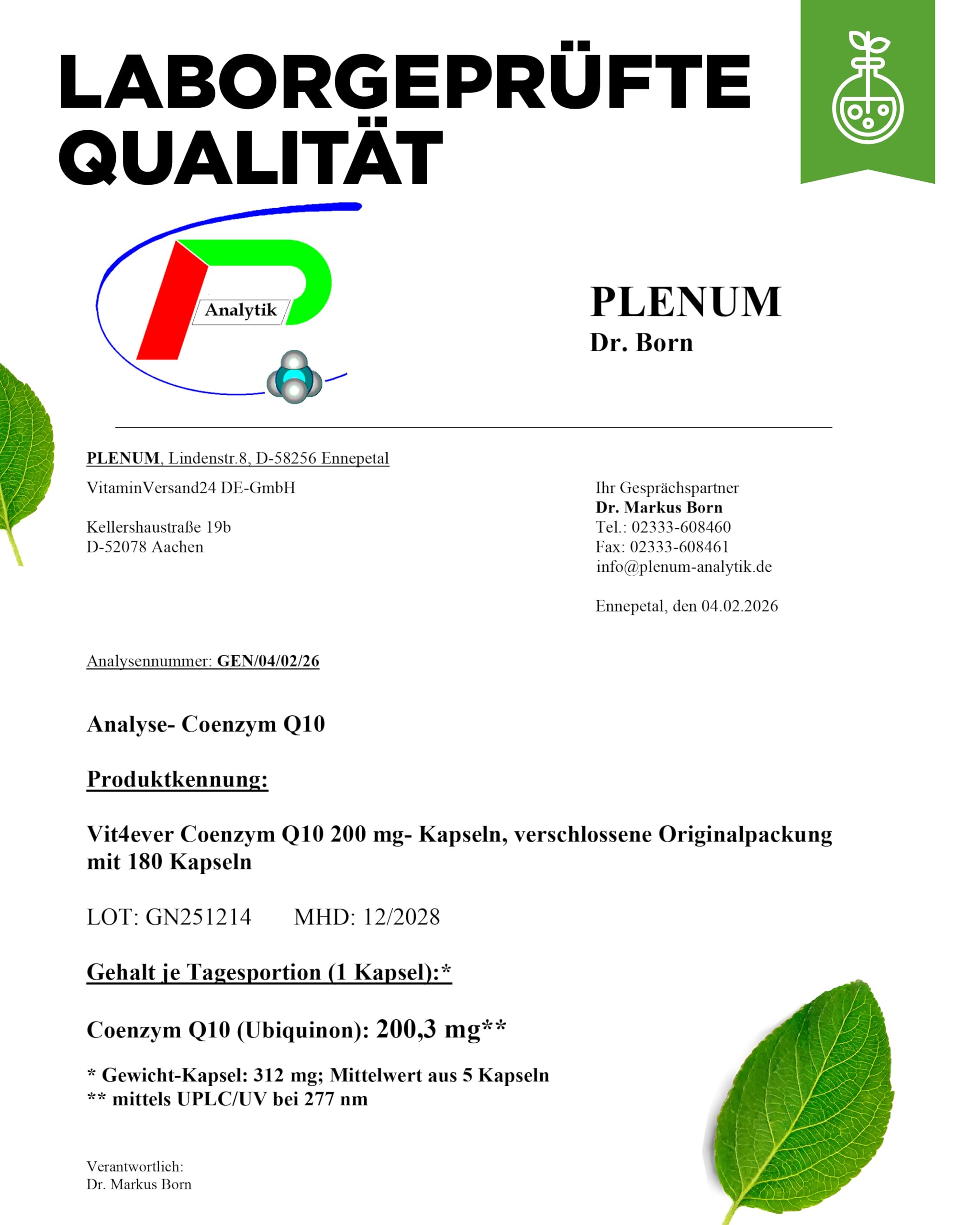 vit4ever Coenzym Q10 mit 200mg pro Kapsel - 180 vegane Kapseln - 6 Monate Reichweite - hochwertiges Q10 - hochdosiert, ohne unnötige Zusätze & laborgeprüft