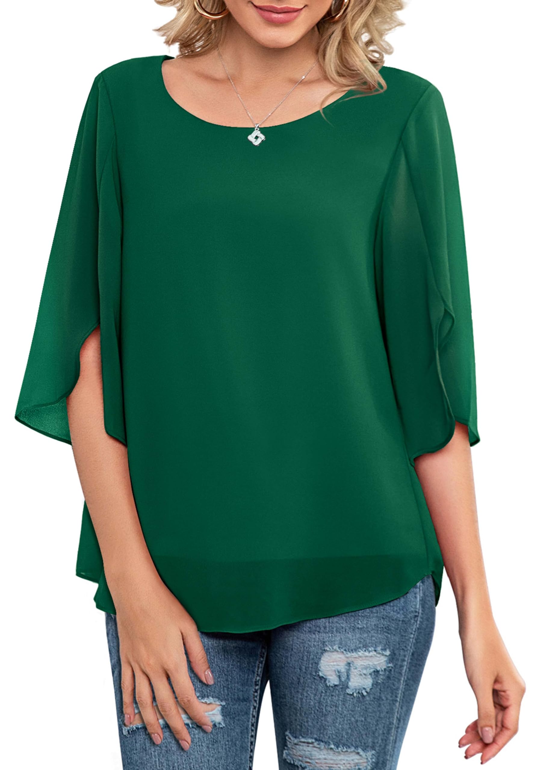 Neineiwu Womens Casual Scoop Neck Loose Top 3/4 Sleeve Chiffon Blouse Shirt Tops