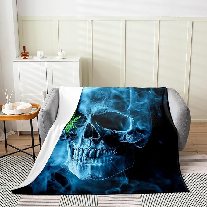 Sugar Skull Flannel Fleece Throw Blanket,Marijuana Weed Leaf All Season Bed Blanket Fuzzy Blanket for Bed Sofa Couch,Cannabis Leaves Botanical Plants Print Bedroom Decor Plush Blanket Twin 60