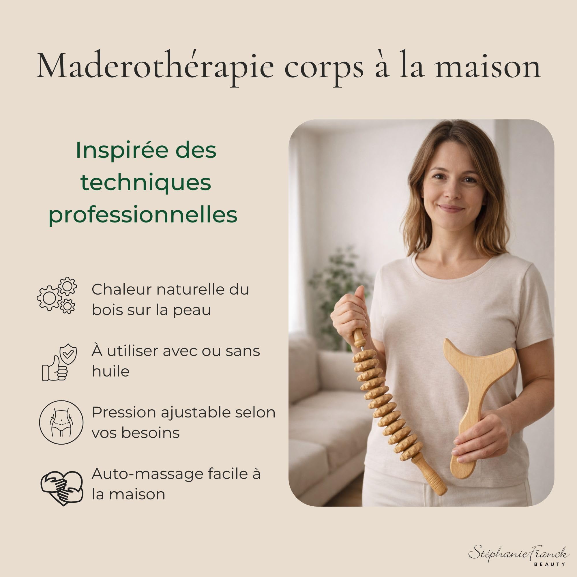 Set de Madérothérapie Corps en Bois avec Rouleau Courbé et Gua Sha, Outils de Massage Manuel Sculptant pour Jambes, Fesses, Ventre, Bras et Dos