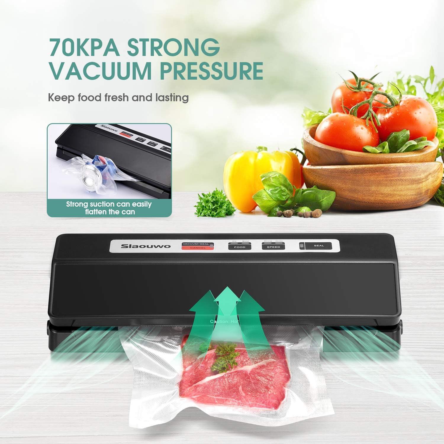 Vacuum Sealer Machine, Slaouwo Automatic Food Sealer for Food Savers, Compact Vacuum Packing Machine with 2 Roll Vacuum Bags, up to 100 Consecutive Seals, Dry & Moist Modes, Led Indicator Lights: Kitchen & Dining