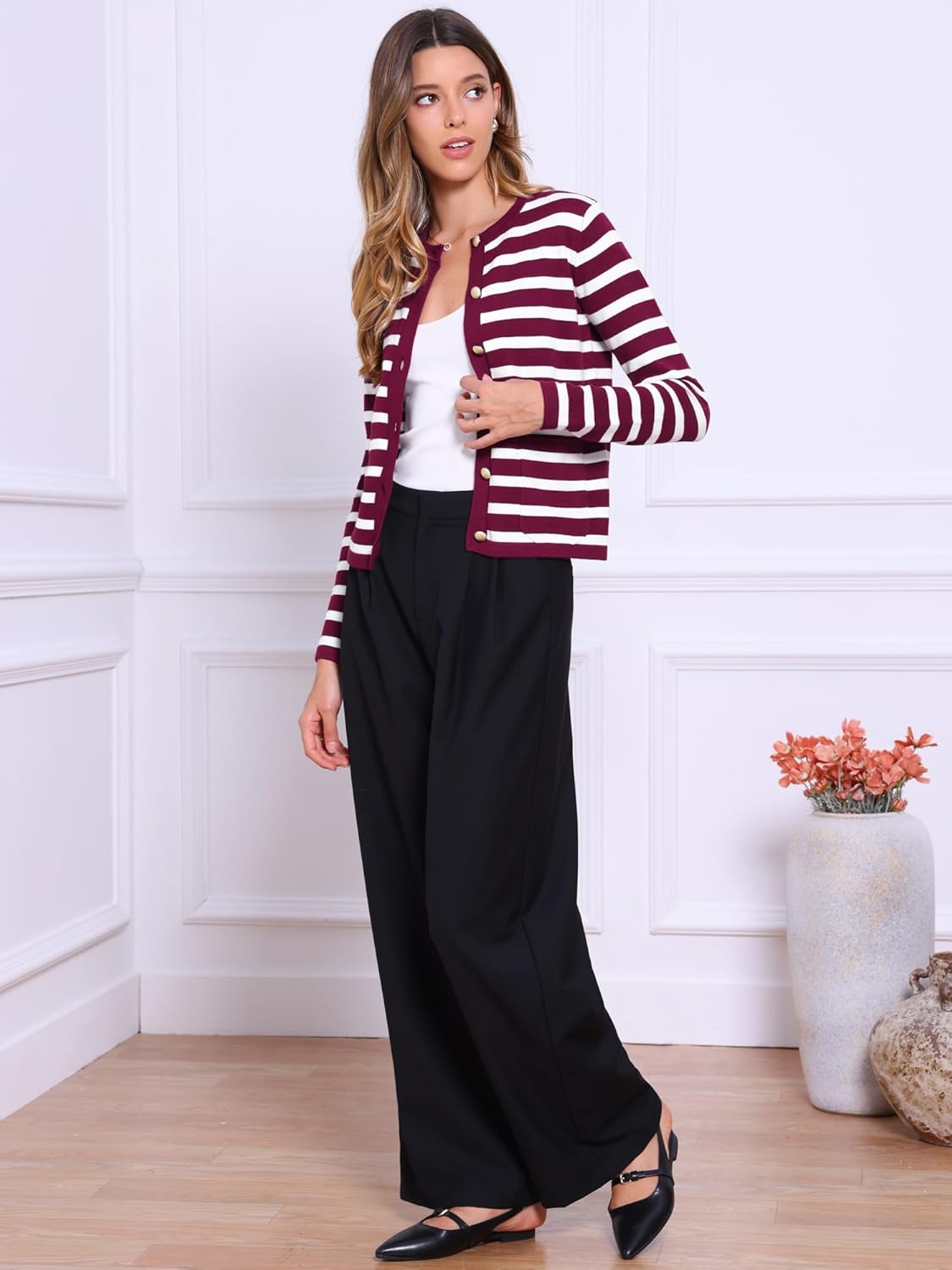 Allegra K Striped Cardigan Sweaters for Women's Lightweight Crew Neck Button Down Knit Jackets - Image 3