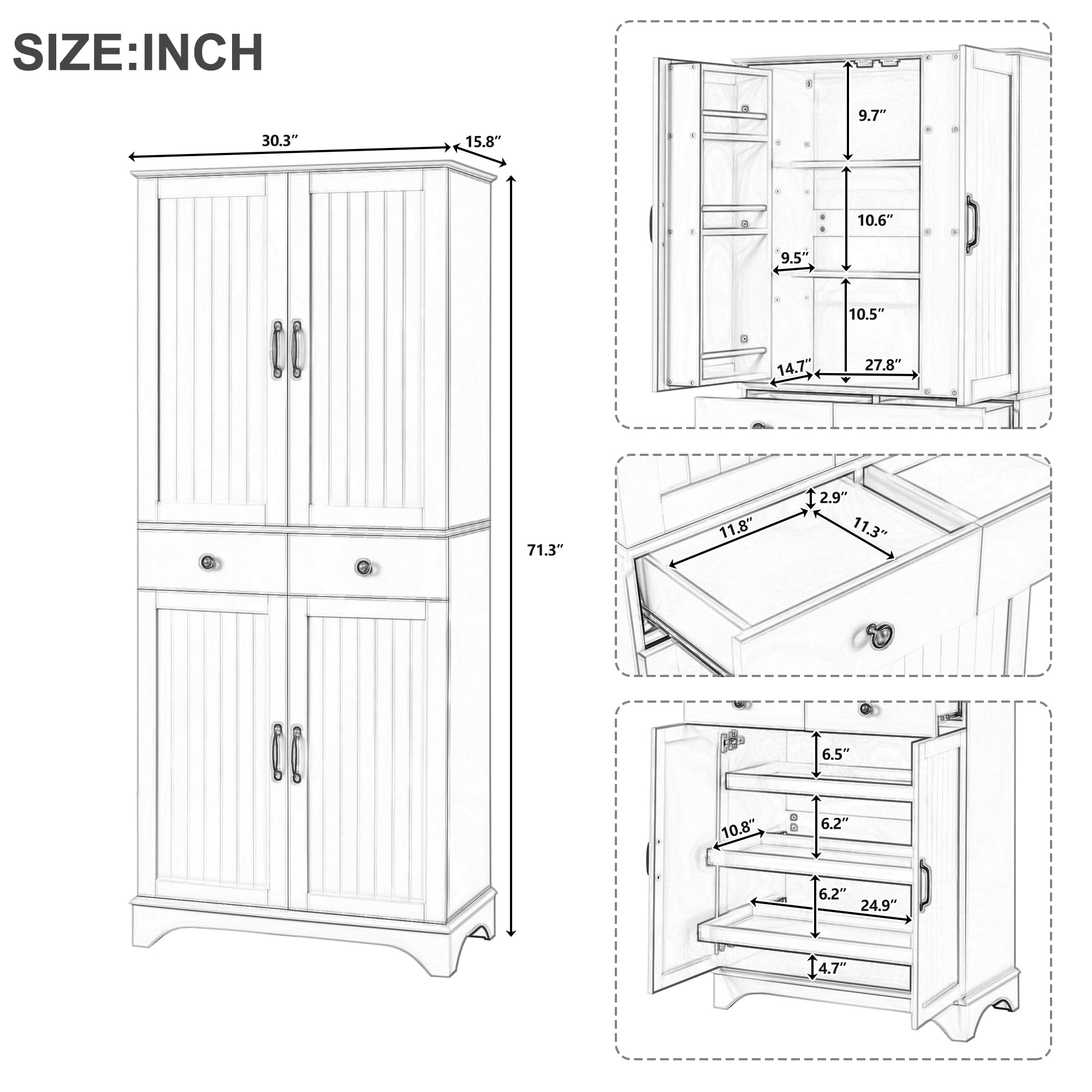 SUKY Armario alto con estantes ajustables y cajones, estantería con estantes extensibles y puertas de frigorífico, ideal para comedor, salón y cocina, 77 × 40 × 181 cm, color negro