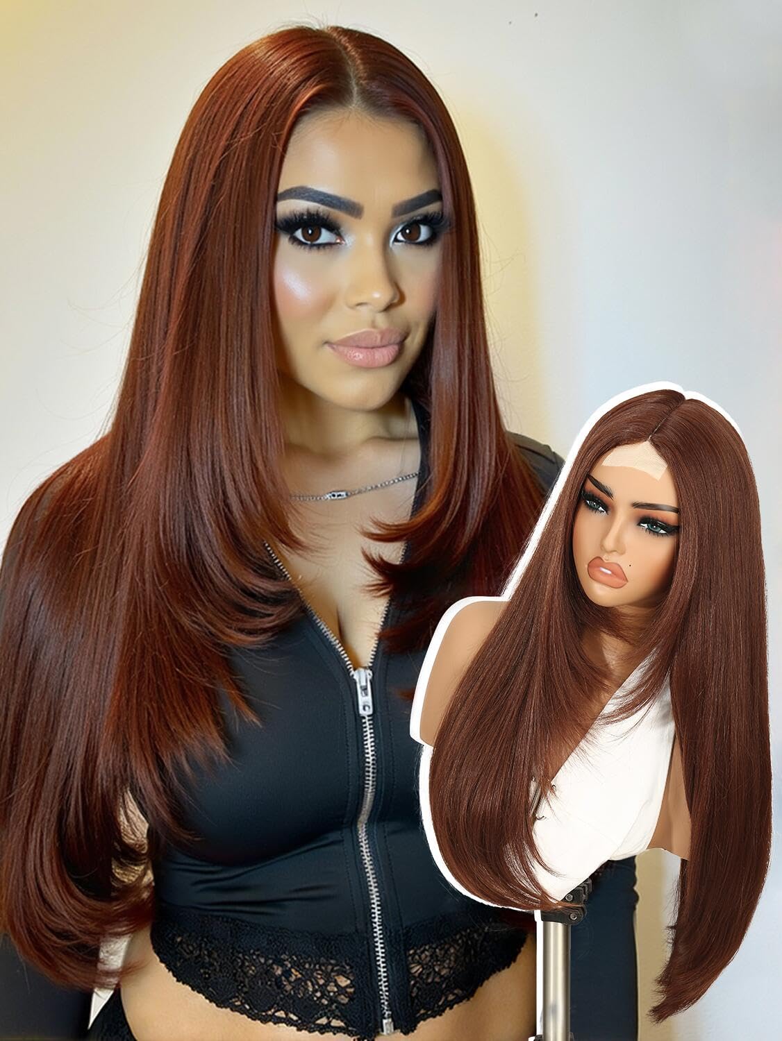 Quantum Love Ginger Wig Long Straight Orange Light Brown Layered Wigs for Women Glueless Realistic Synthetic Fiber Heat Resistant Natural Looking for Daily Party Cosplay