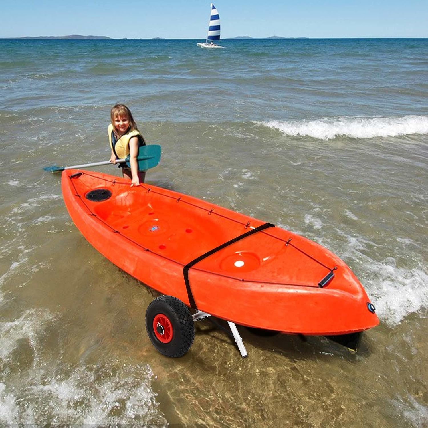 Faltbarer Kajakwagen bis 100 kg, Aluminium Kanuwagen mit Spannriemen, Bootswagen Transportwagen für Kajak, Kanu, Surfboard, Leichter Kajak Transportwagen für Wassersport