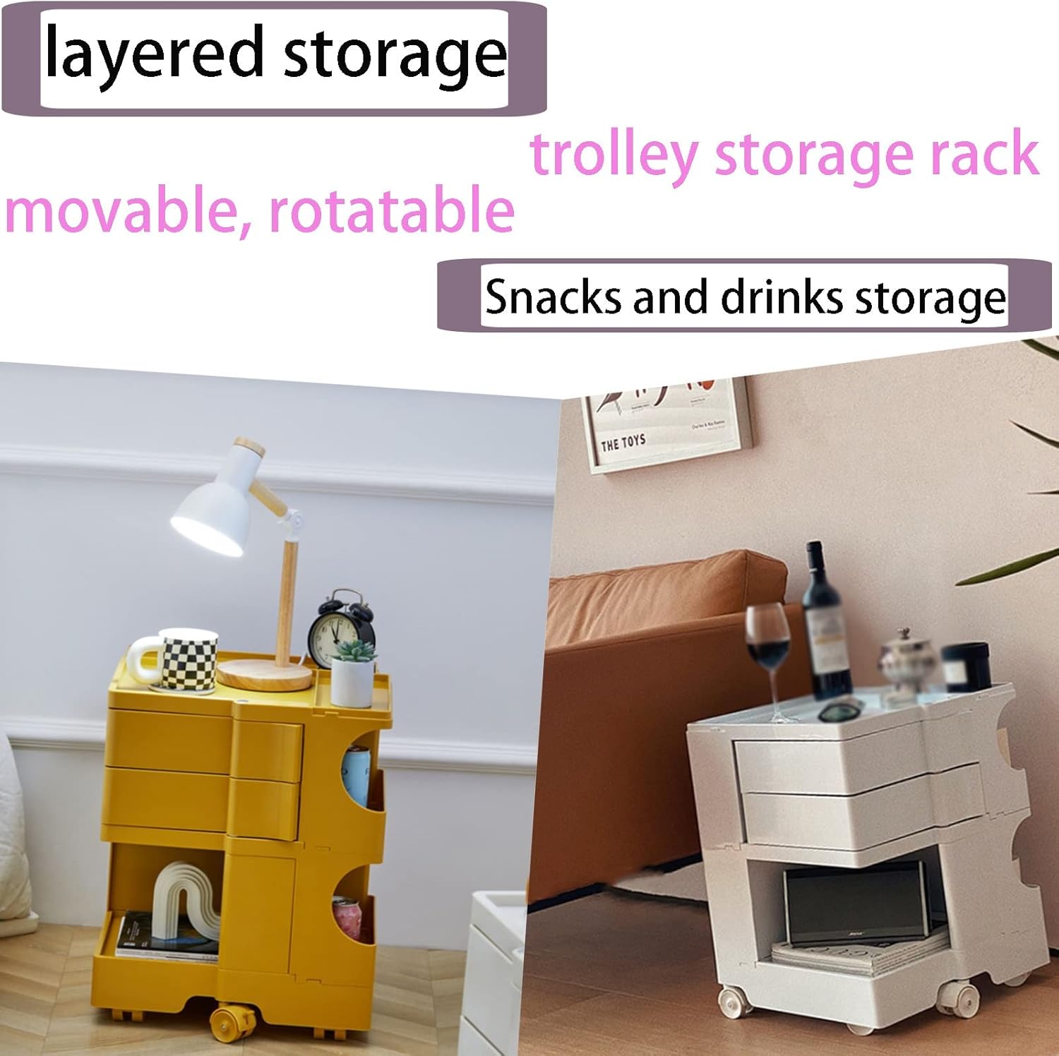 Clear Table with Wheels, 2-Tier Bedroom Side Table, 53x41x43cm, Multiple Colour, ABS Material, 360°Rotating Drawer, Same Color Wheel, Snacks and Drinks Storage, for Living Room Or Bedroom