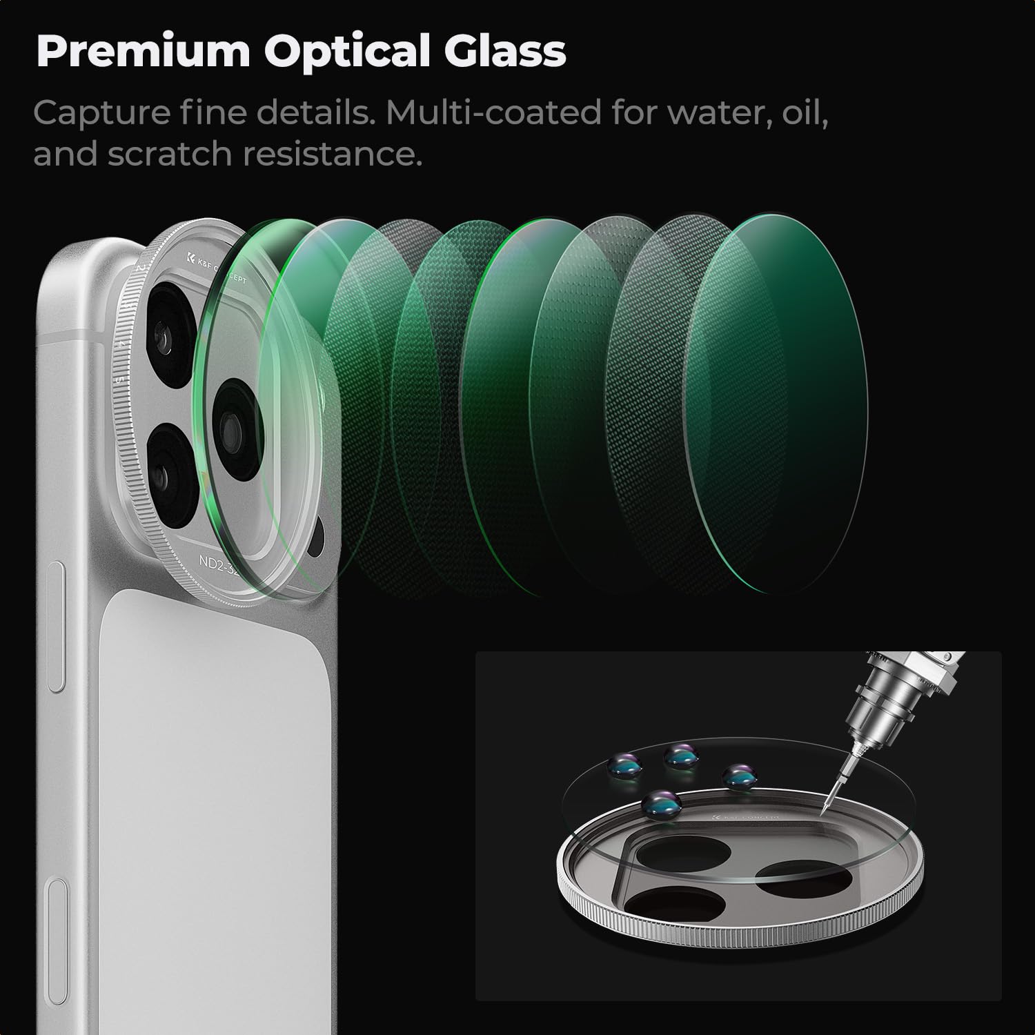 K&F CONCEPT FA301 Snap-on Filtre ND2-32 pour iPhone 17 Pro & Pro Max, Ultra-Léger 11,2g Filtre d’Objectif ND Variable avec Support Snap-on Deco, Verre AGC Revêtu 28 Couches, Argent