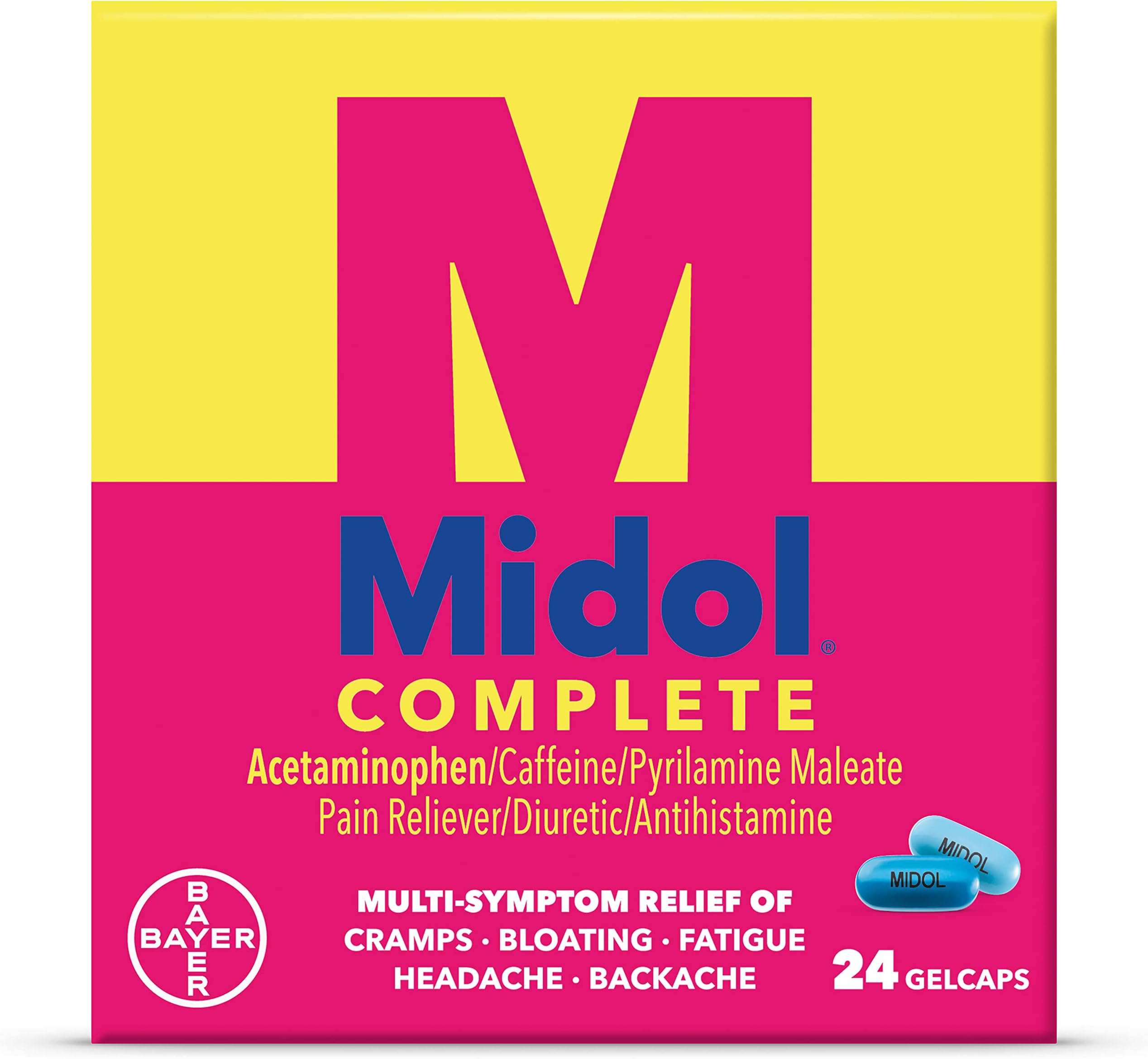Complete Gelcaps : Midol Complete Menstrual Pain Relief Gelcaps with Acetaminophen for Menstrual Symptom, Pms Relief, and Period Cramp Relief -, 24 Count