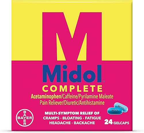 Midol Cápsulas de gel completas para aliviar el dolor menstrual con acetaminofeno para aliviar los síntomas menstruales, 24 unidades (el embalaje
