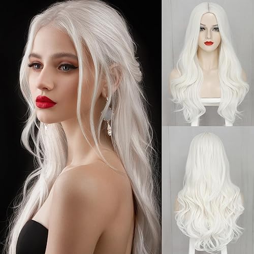 White Wig - 26 Inch Synthetic Wavy Wig for Women - Natural Looking - Middle Part - Daily Use & Halloween Cosplay