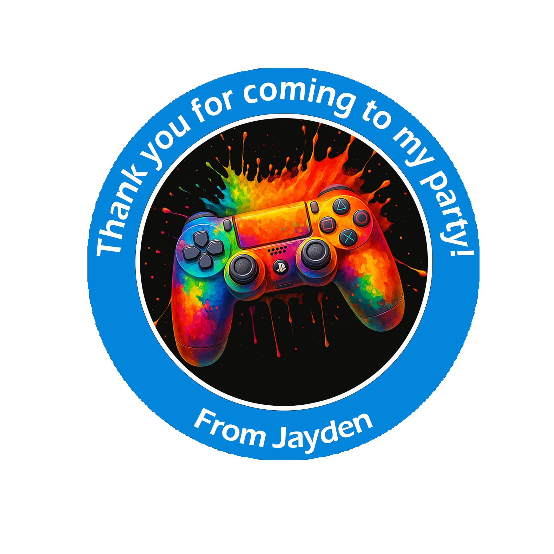 Personalised Gaming Party Stickers – 37mm Round Labels for Party Bags, Favours or Sweet Cones – Gaming Themed Birthday Decoration - 35 Blue Stickers