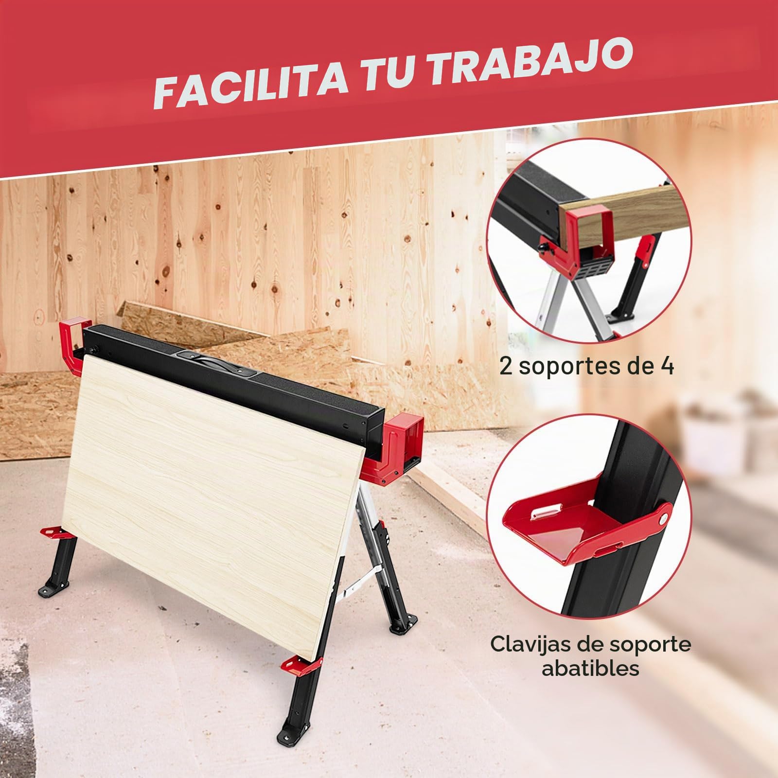 SOARS 2 caballetes de trabajo de altura regulable, caballete plegable máx. 1180 kg, con superficie de trabajo antideslizante, soportes plegables y asa, soporte para andamios, ayuda para sierra (rojo)