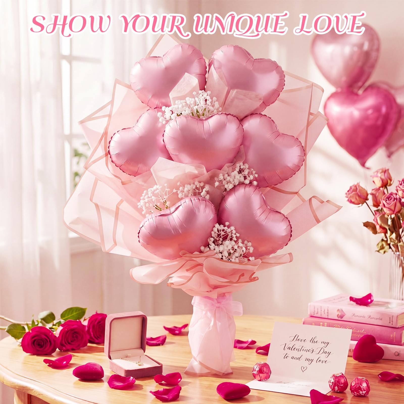 Qeeenar Kit fai da te per bouquet di palloncini a forma di cuore, 8 palloncini a forma di cuore in lamina con fiori di respiro del bambino, carta da regalo e nastro, kit per la creazione di bouquet di