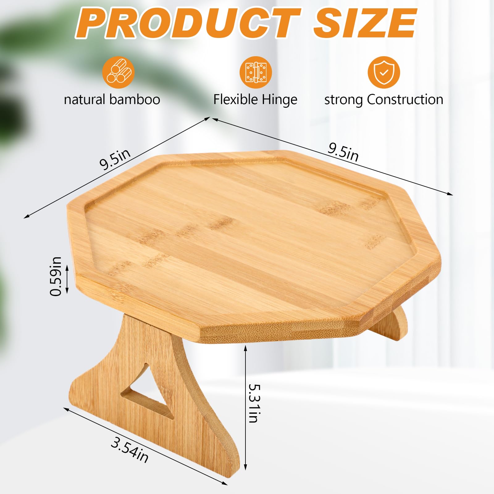 Chumia Bandeja para reposabrazos de sofá, bandeja plegable octogonal de bambú para reposabrazos, mesa de sofá con clip para bebidas, aperitivos, teléfono, control remoto (2 piezas)