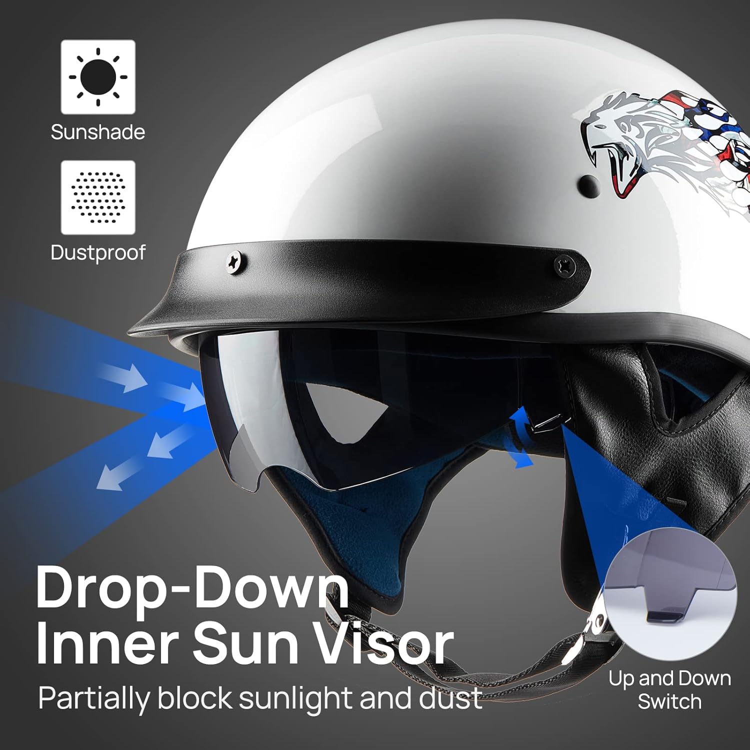 ILM Half Helmet Open Face Motorcycle Helmets for Moped Cruiser Scooter with Sun Visor, DOT Approved Model-210V (Eagle, X-Large)