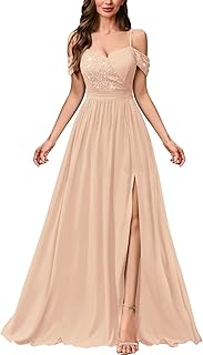 Women's Off Shoulder Elegant Sequined Split Spaghetti Straps Wedding Maxi Dress