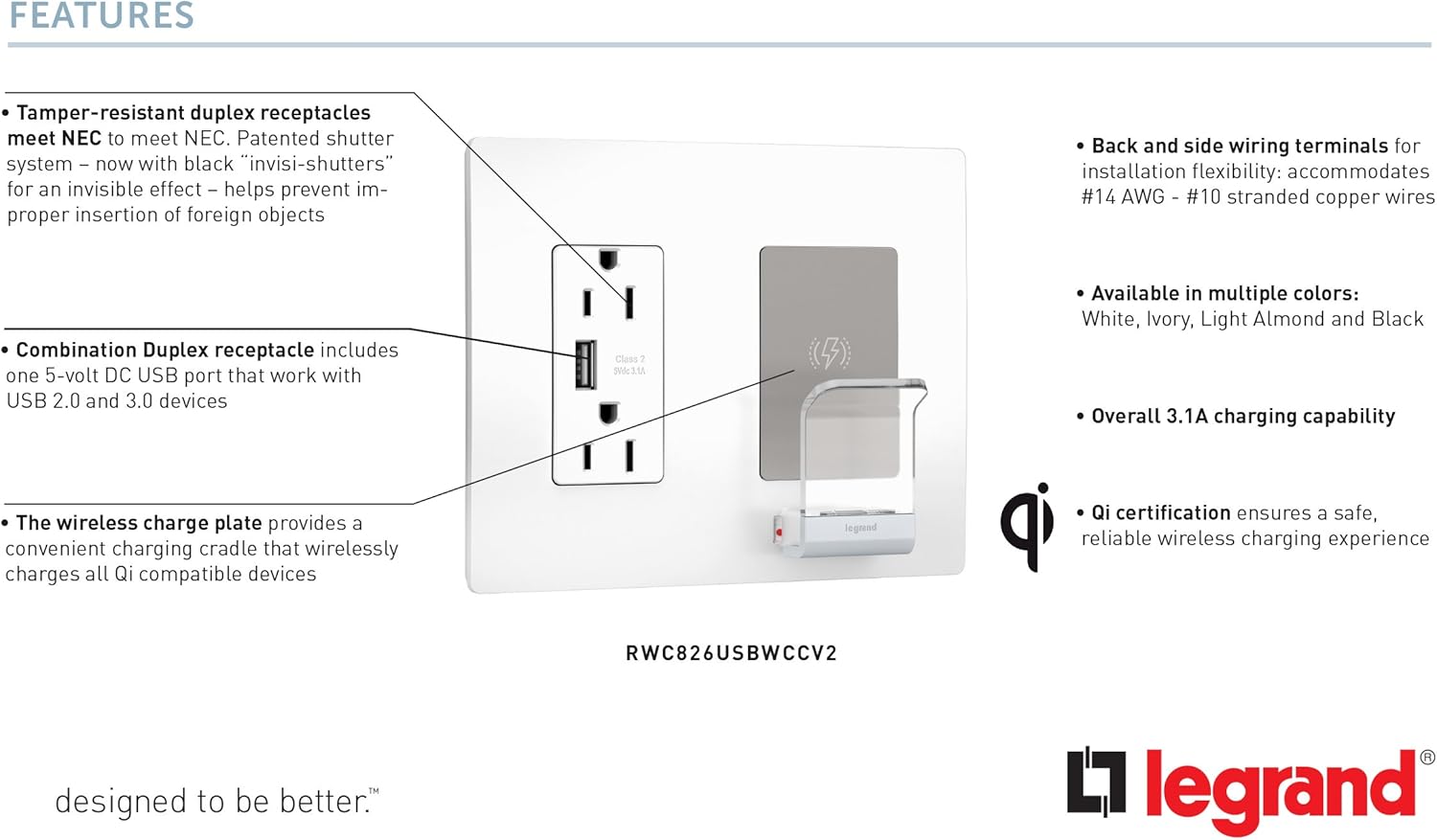 New Deal Legrand radiant Wireless Phone Charger with USB Port, Decorator Rocker Outlet Charging Station, Qi Certified, White, RWC826USBWCCV2 Exclusive Special Legrand radiant Wireless Phone Charger with USB Port, Decorator Rocker Outlet Charging Station, Qi Certified, White, RWC826USBWCCV2