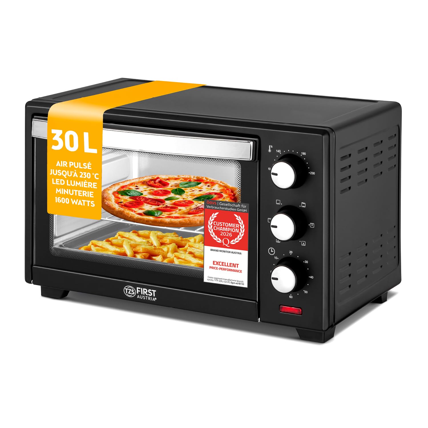 TZS First Austria - Mini-Four 30L 1600W - Four avec réglage de la température jusqu'à 230°C - Avec minuteur de 60 min, 3 hauteurs d'insertion, plaque et grille - Pour petites cuisines et camping