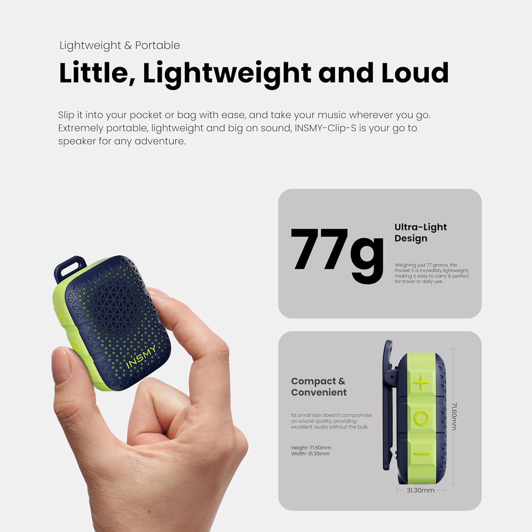 INSMY Altoparlanti Bluetooth indossabili, impermeabile IP67, piccolo altoparlante personale portatile clip-on, suono pulito, coppia stereo, wireless, microfono integrato ENC, leggero, per golf, lavoro