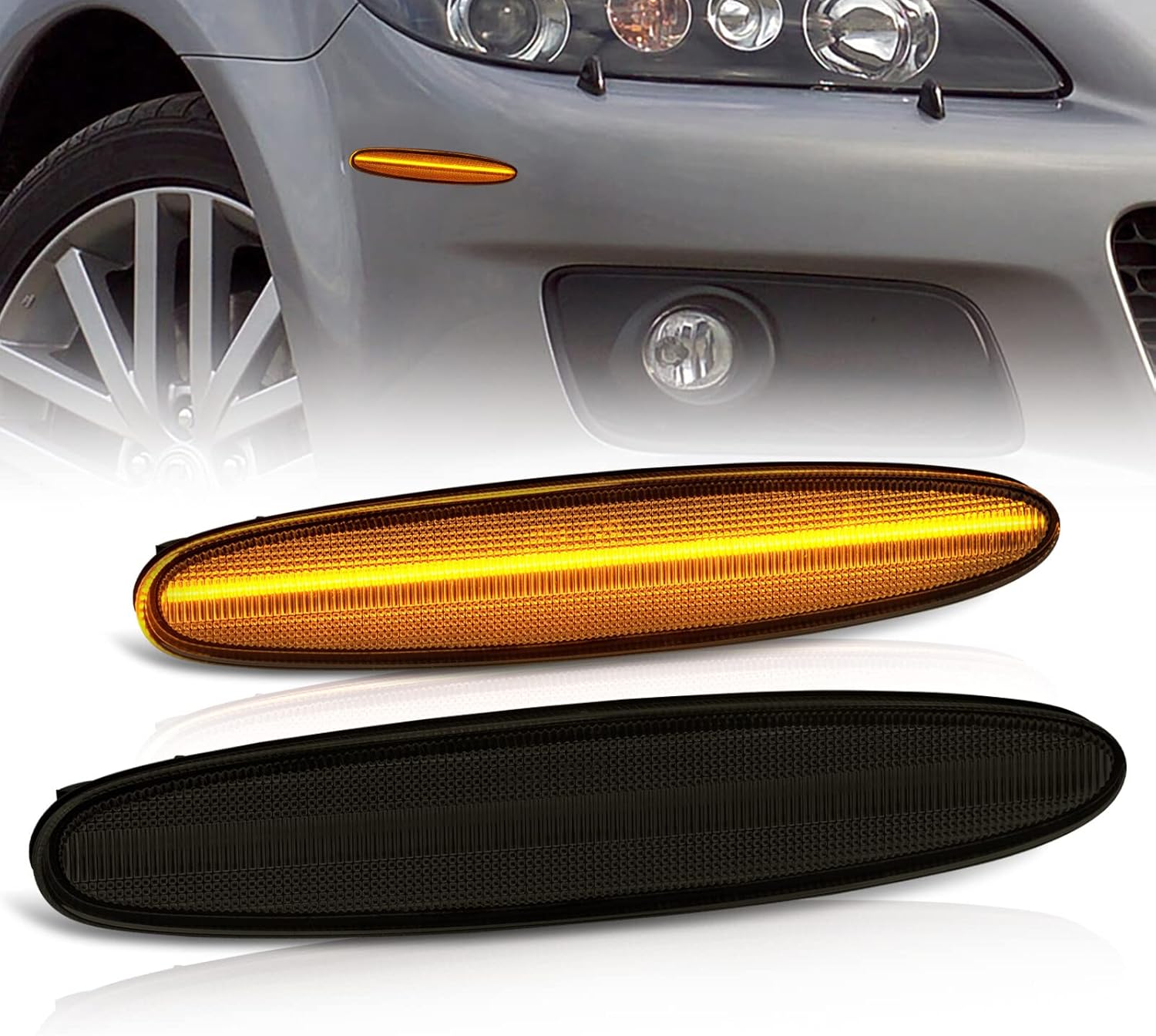 AJP Distributors Smoke Len Amber LED Side Markers Front Bumper Driving Reflector Light Turn Signal Lamp Assembly Pair Compatible/Replacement For Mazda 6 2003 2004 2005 2006 2007 2008 03 04 05 06 07 08