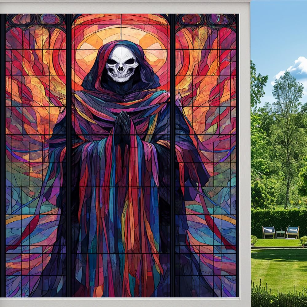 Pmlbaous Retro Grim Reaper Privacy Window Film, Fantasy Skeleton Gothic Frosted Self-Adhesive Vinyl Cling For Glass Doors Bathroom Windows Sun Blocking Heat Control, （50X90cm）