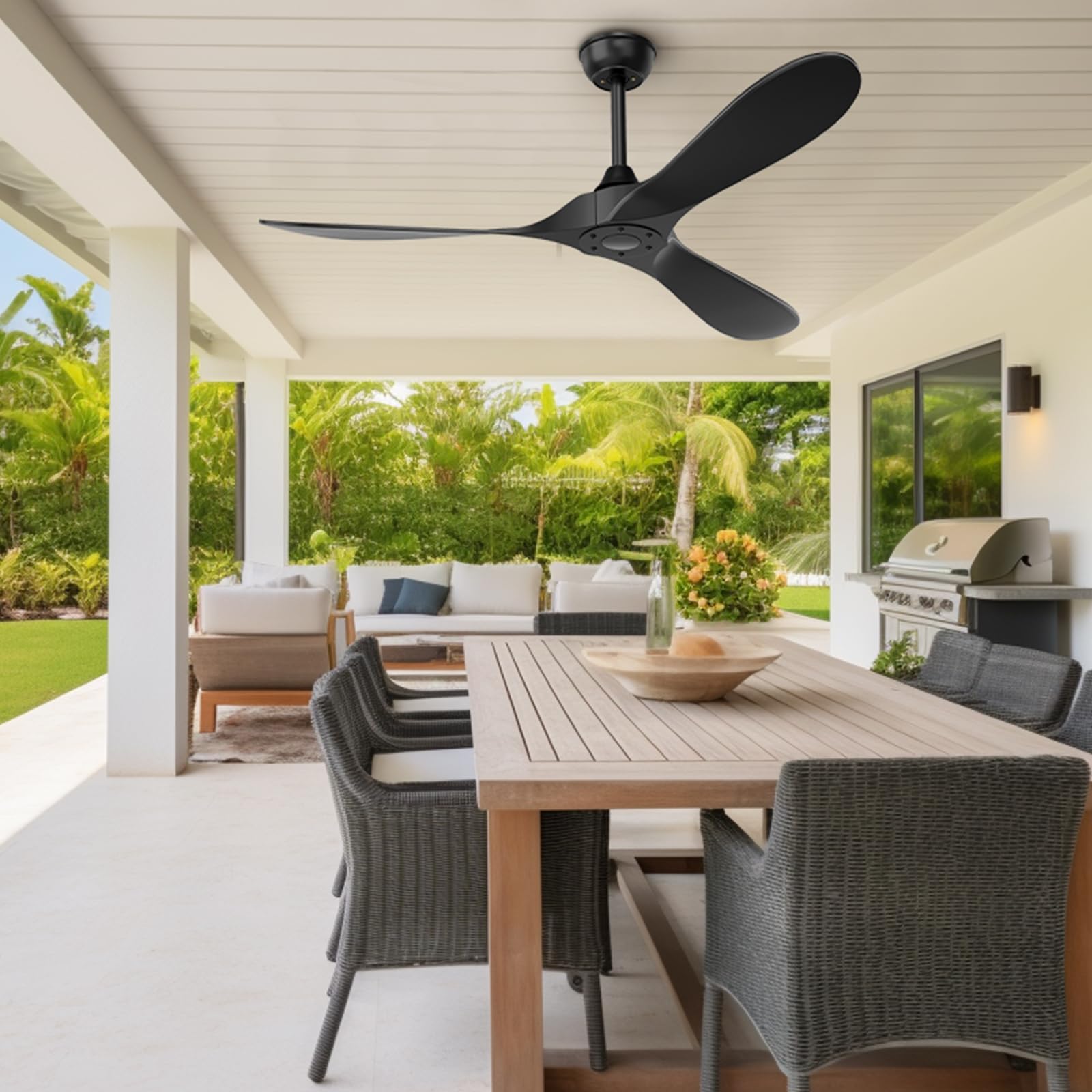 Obabala Ventilatore da soffitto nero per esterni, 132 cm, senza luce, con telecomando, 3 pale, motore DC reversibile a 6 velocità, moderno per cortili, soggiorno,