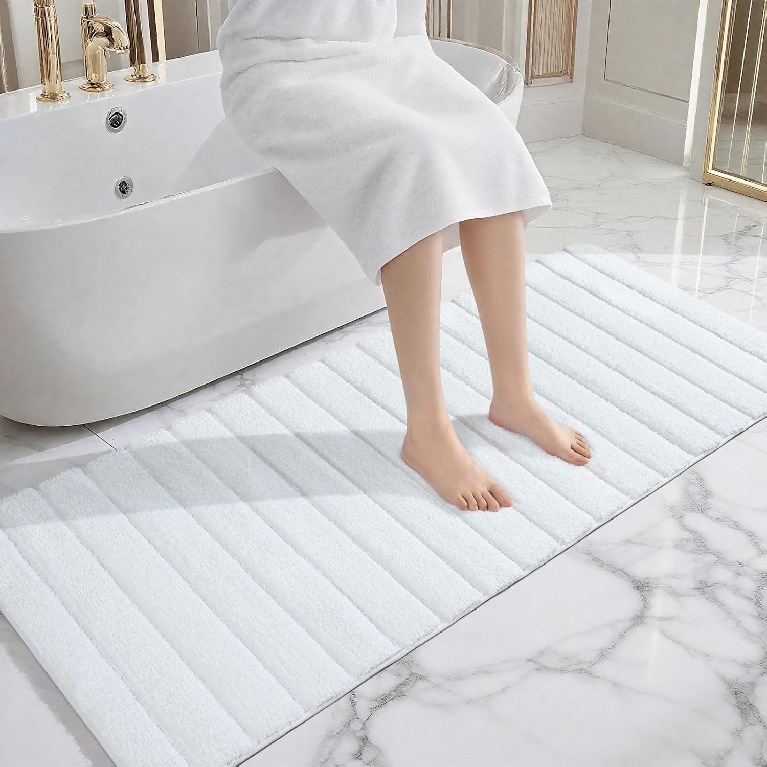 AROGAN Luxury Long Bathroom Runner Rugs, Thick Soft and Absorbent Microfiber Non Slip Bath Mat, Rubber Backing Striped Rug Carpets, Machine Washable Plush Mats for Bathroom Floor, 24x60 Inch White