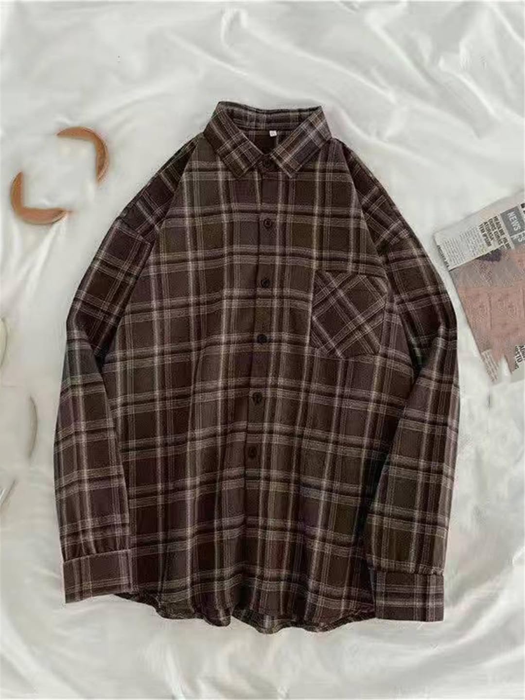 Camisas De Manga Larga A Cuadros Vintage para Mujer, Tops De Solapa Informales Holgados con Botones De Otoño, Prendas De Vestir
