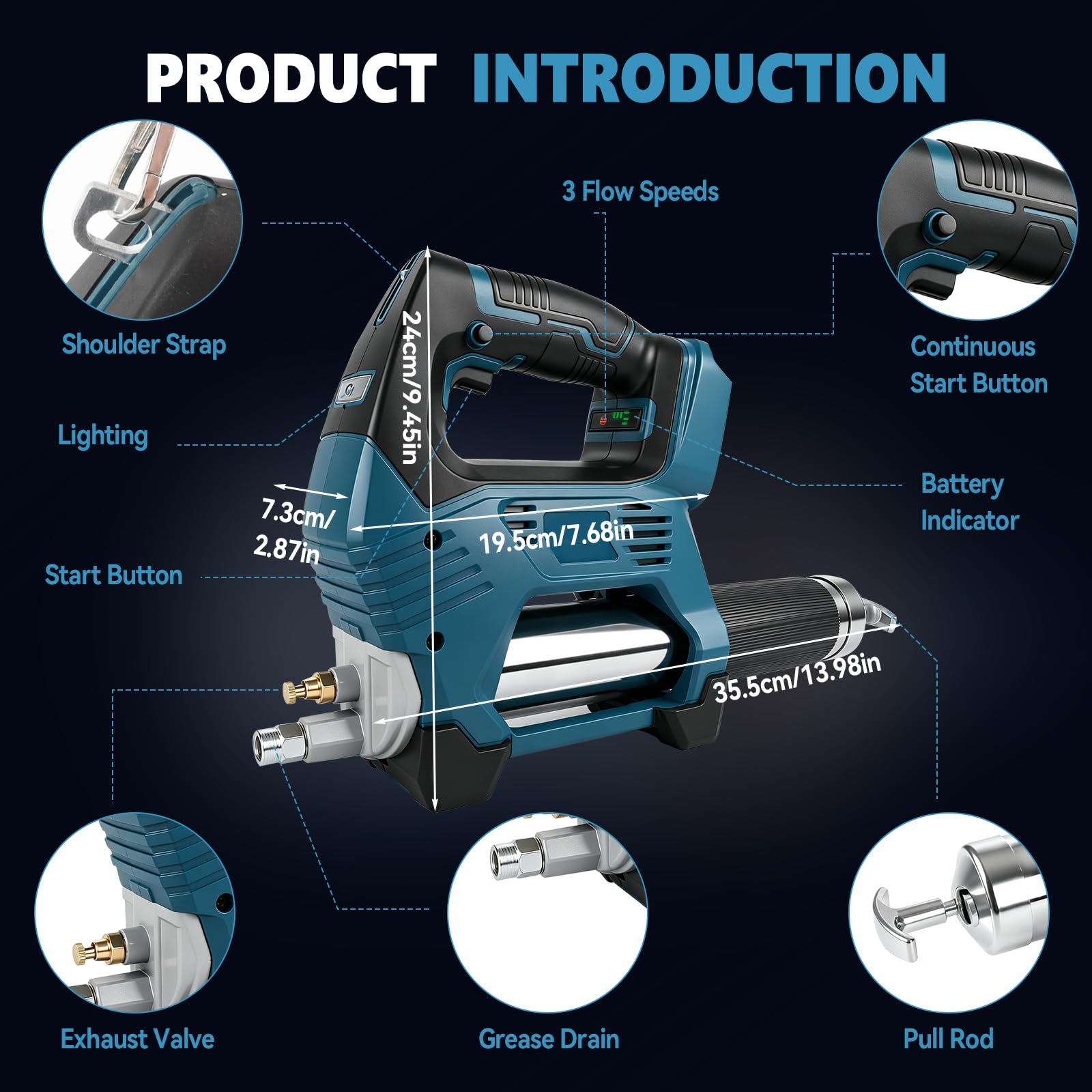 Akumulatorowa wyciskarka do smaru kompatybilna z Makita 18 V, ulepszona, bezszczotkowa elektryczna prasa do smarowania 12000 psi, 6 oz/min z 3 ustnikami, wąż 60 cm, 3 złącza do traktorów