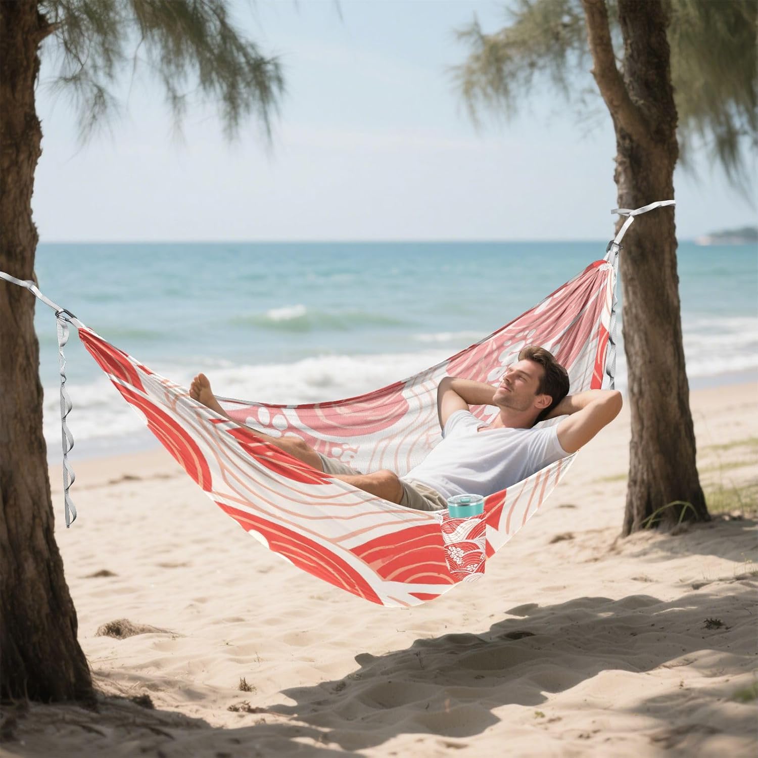 Red and White Japanese Waves 330lb Capacity Hammocks for Camping with Portabl Carry Bag Tree Hammock for Patio Backyard Lounge Base Base para hamacas