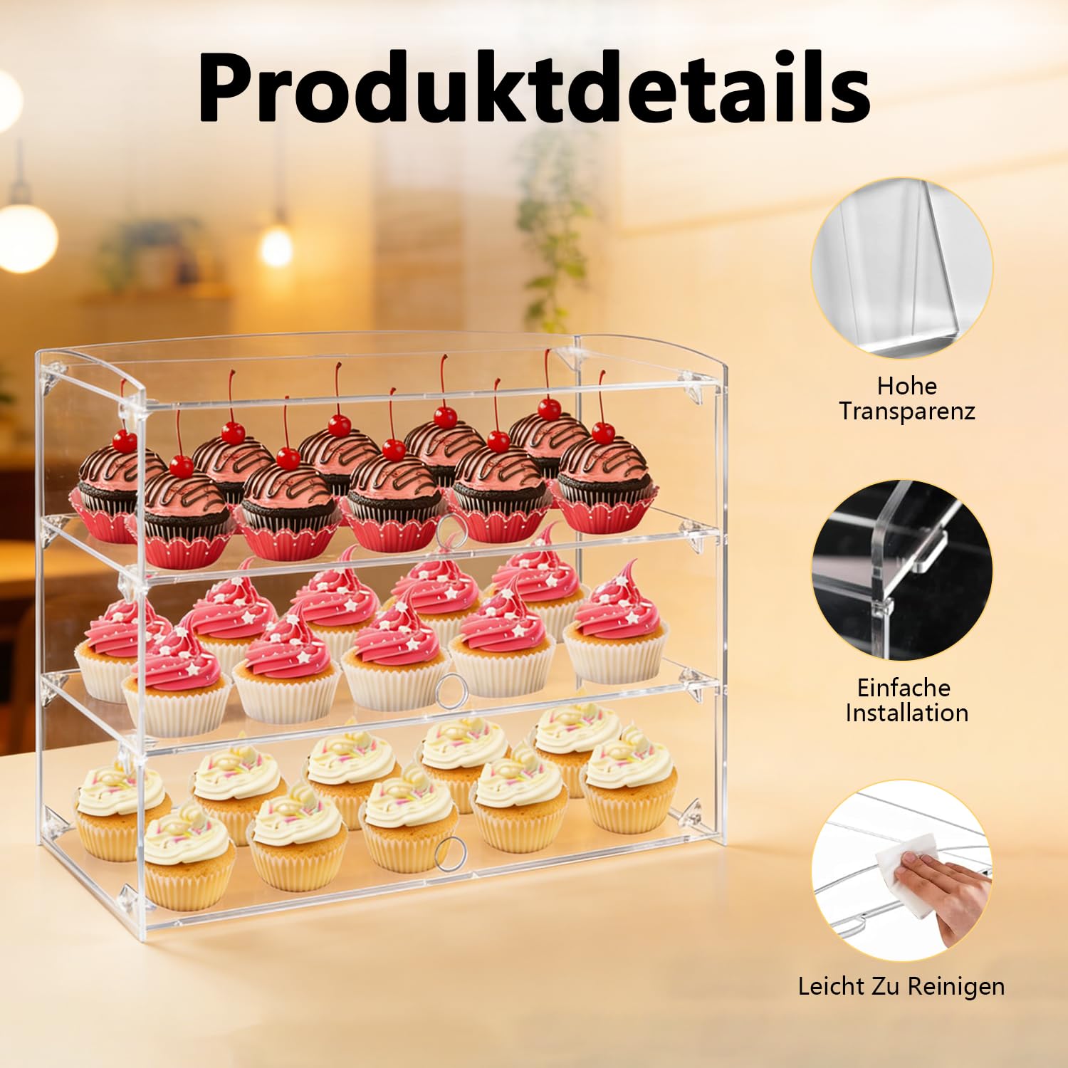 Acryl Vitrine für Gebäck, 3-stöckige Transparent Brotkasten Kommerzielle Bäckerei Vitrine 19,09" x 18.5" x 8.86", Konditorei Vitrine für Cupcakes Kekse Brot Minikuchen Donut