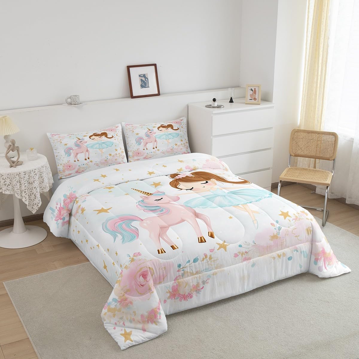 Manfei Princess Comforter Set Twin Size, Cute Unicorn and Ballerina Girls Bedding Set for Kids Princess, Watercolor Flower Down Comforter, Lightweight Duvet Insert, 1 Pillowcase