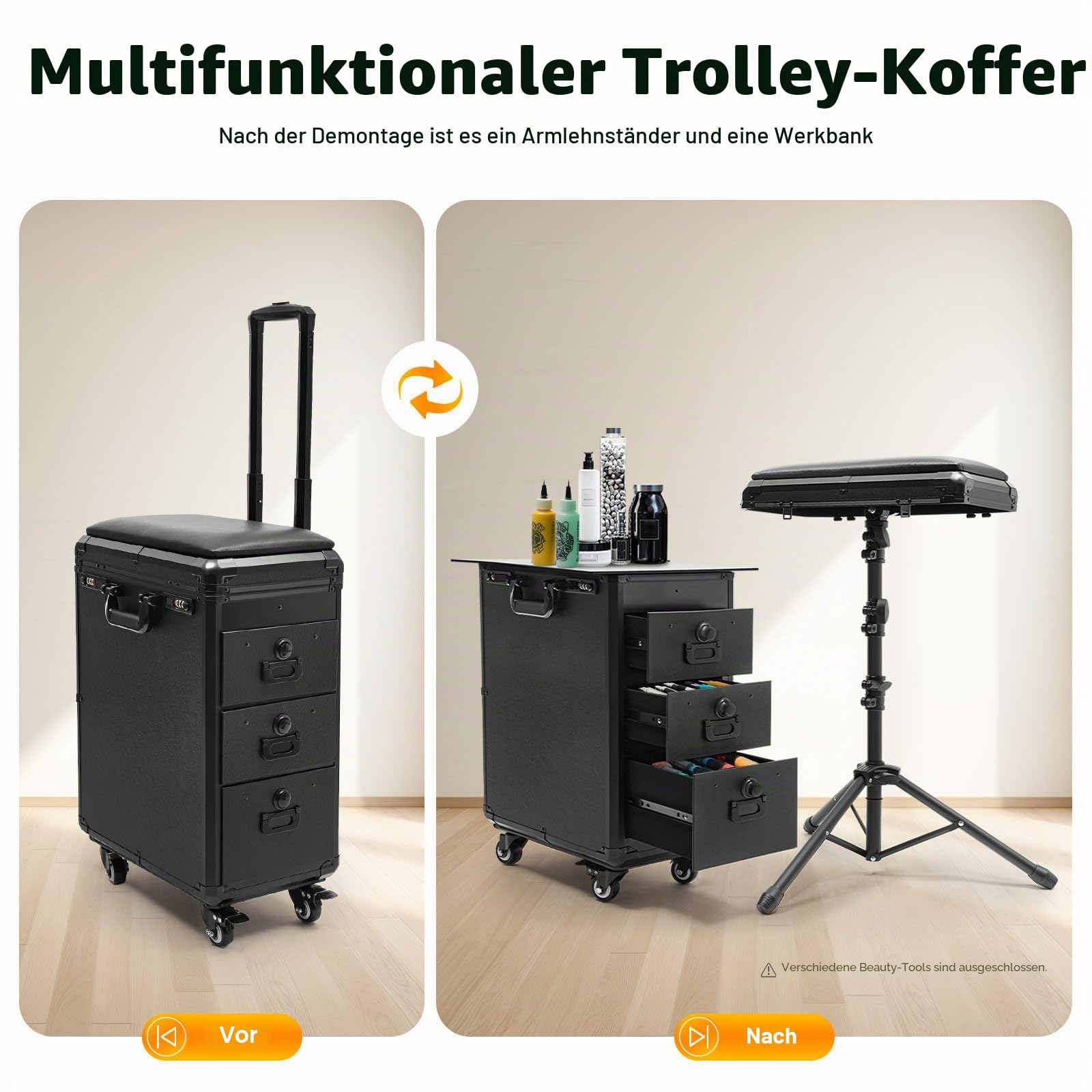 Kosmetikkoffer Trolley mit Armlehnenständer, Tattoo Koffer mit 3 Schubladen & Kombinationsschloss & Werkbank, Professionell Make Up Koffer, Tattoo Tisch Beauty Stand, Großer Friseurkoffer, Schwarz