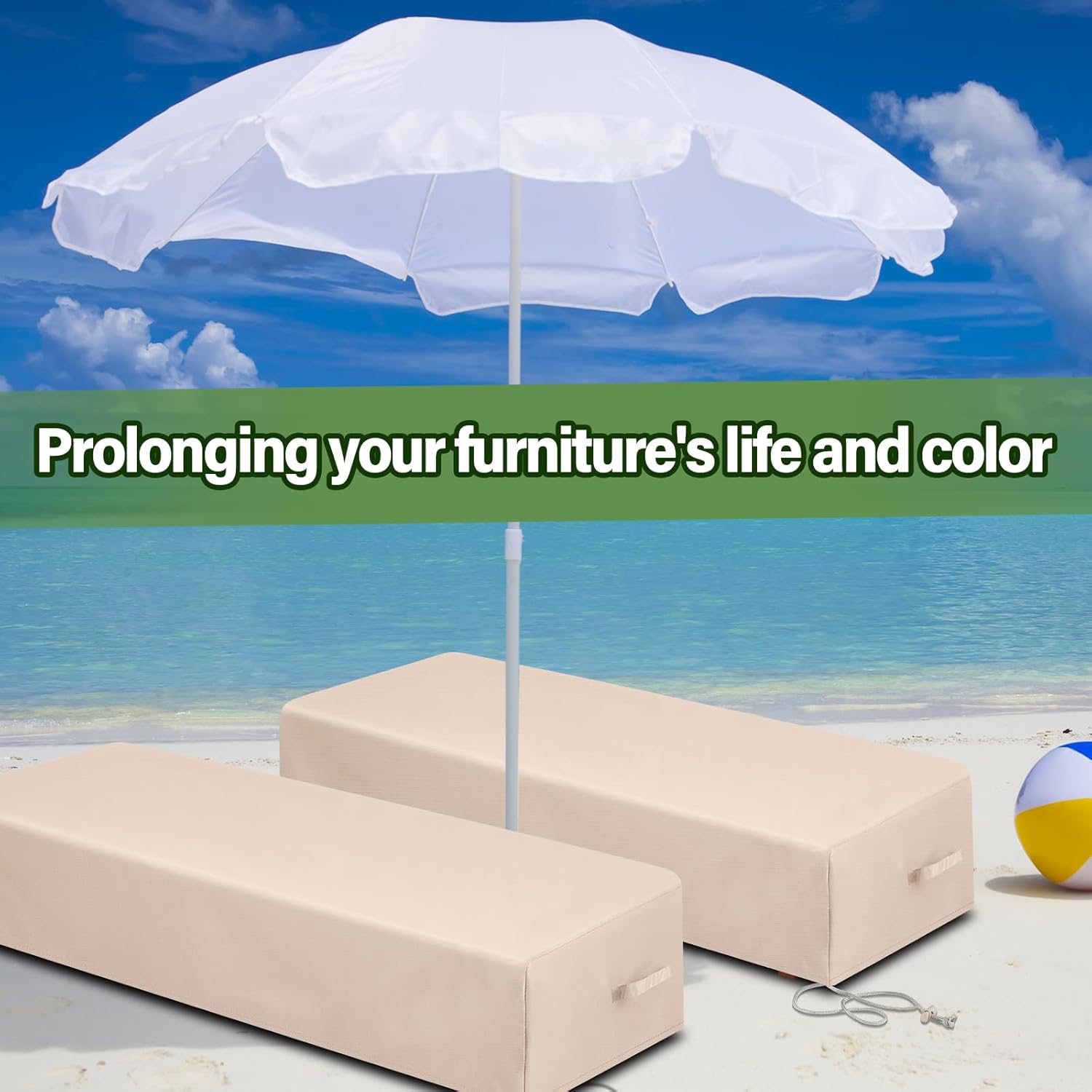 2 Pcs Patio Chaise Lounge Cover Waterproof Outdoor Lounge Chair Cover 30" D x 83" W x 12" H UV Resistant with Handle Strap for Furniture Protection (Tan) - Image 5