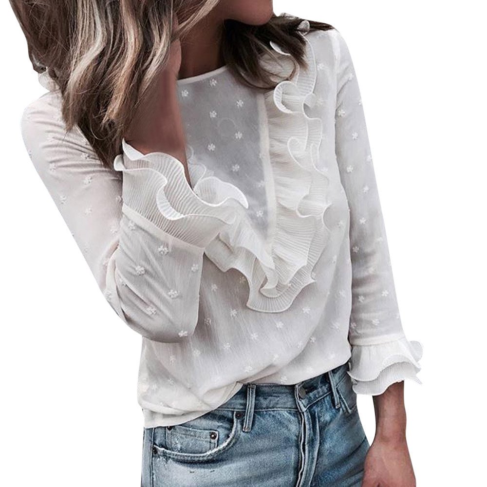 QinMMROPA Camisa Elegante Mujer Volantes Camiseta Casual de Lunares con Cuello en O para Mujer Blusa Manga Larga Fiesta túnica Tops
