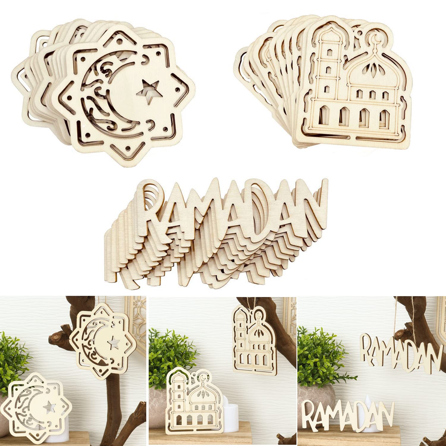 30pcs Wooden Ramadan Mubarak Castle Moon Star Ornaments Wood Hanging Embellishments Blank Cut Out Wrap Tag with Hemp Rope for Islamic Ramadan Decoration