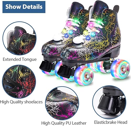 Miniatura 5 de Patines de ruedas para mujeres y hombres  Patines clásicos de cuero de microfibra, patines de doble fila, para interiores y exteriores, con cordones