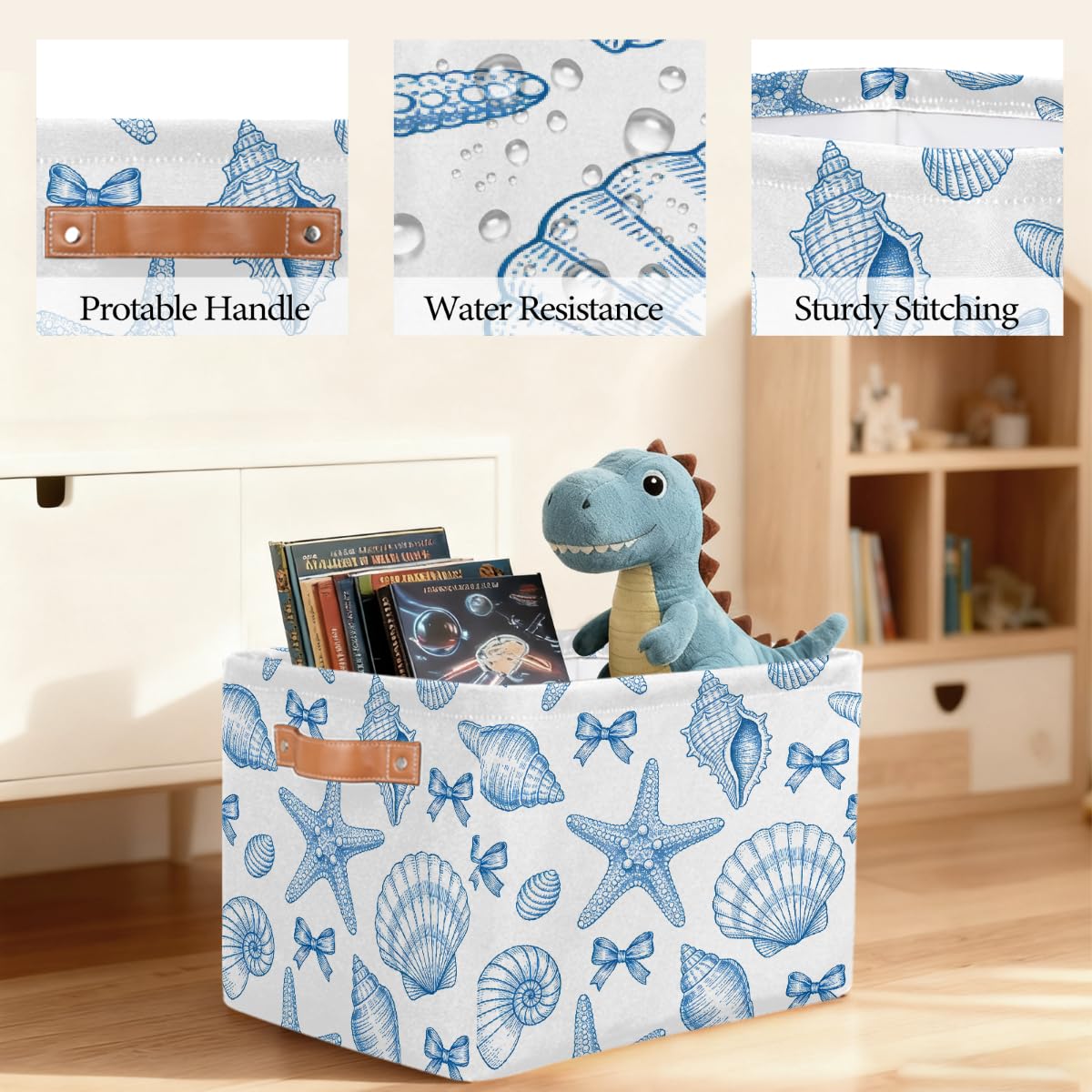 Line Art Rechteckiger Aufbewahrungskorb mit Muscheln und Seesternschleifen, 2 Stück, faltbarer Stoff-Aufbewahrungskorb für Schrank, Badezimmer, Wohnzimmer, Büro, Spielzeug, Organizer