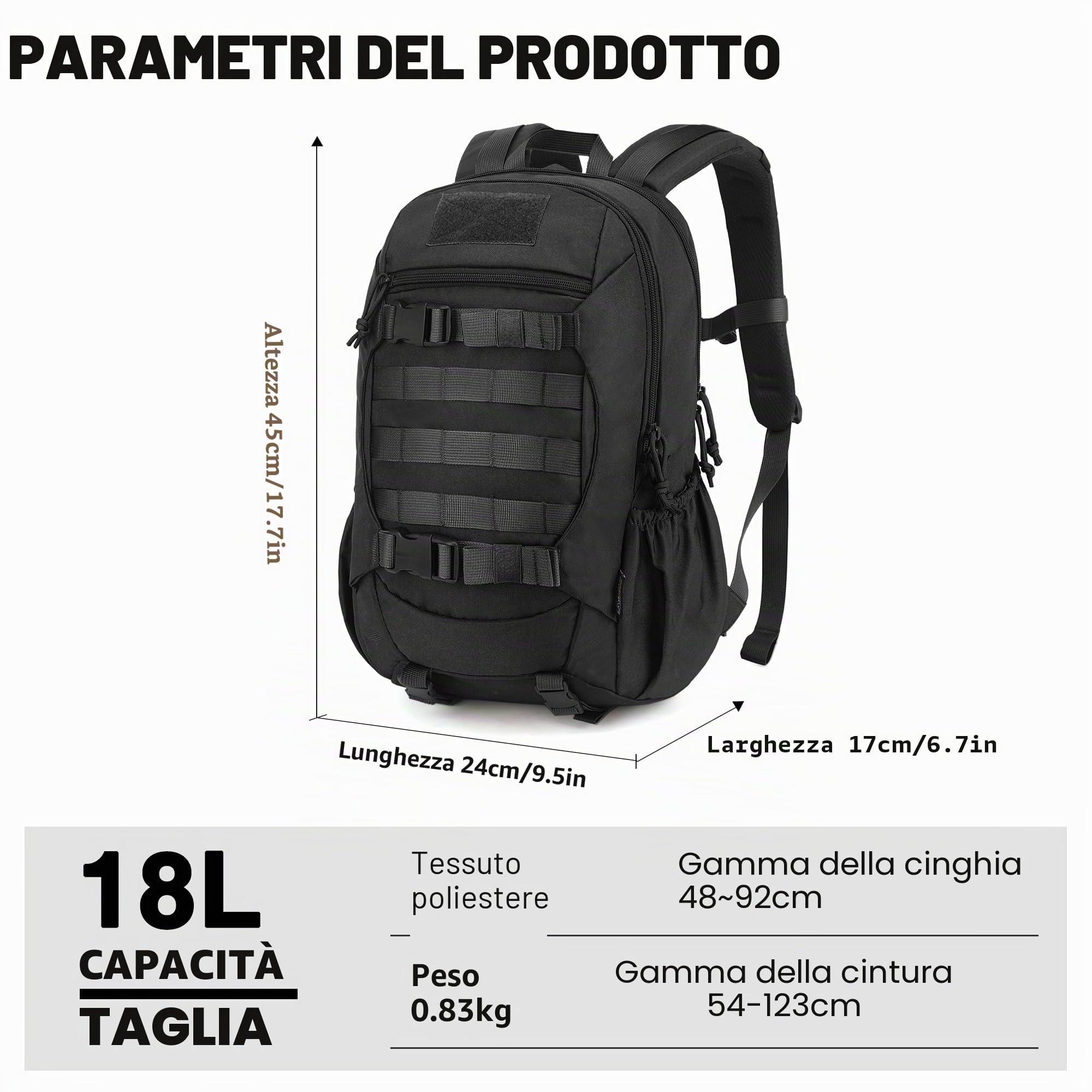 Mardingtop 18L Zaino tattico da trekking, zaino da trekking, per campeggio, escursionismo, viaggi, 18L Nero