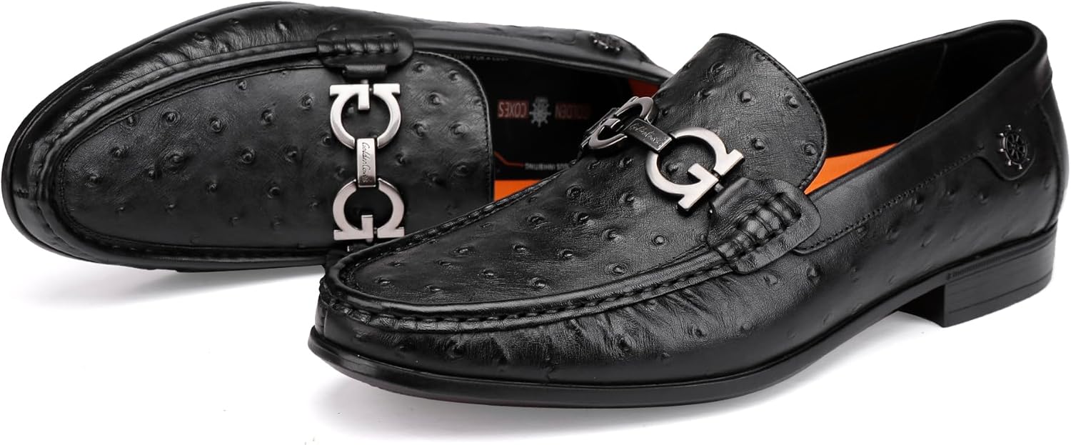 Black Luxury Men's Leather Dress Shoes, Fashion Classic Ostrich Printed Business Shoes Casual Buckle Party Wedding Penny Loafer Shoes for Men - Image 6