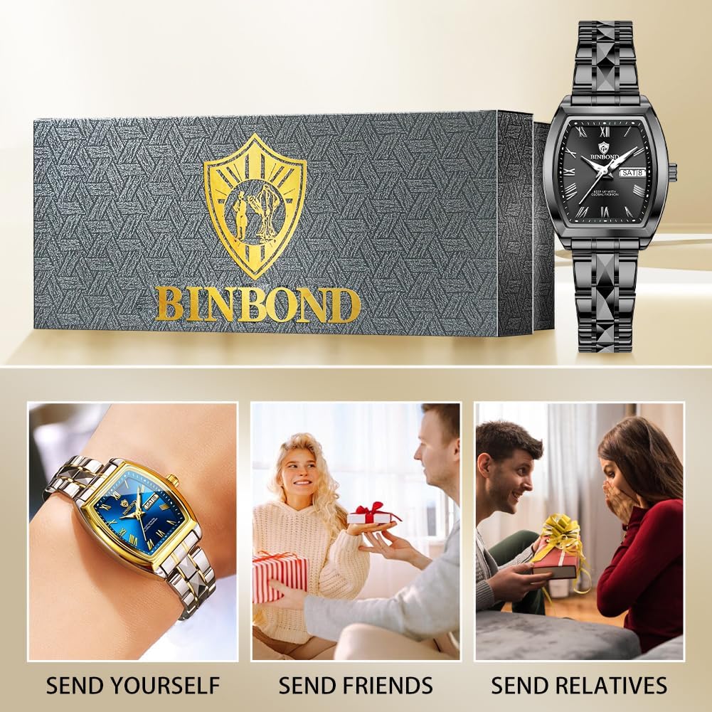 BINBOND Square Womens Watch Fashion Luxury Elegant Dress Stainless Steel Ladies Wrist Watches for Female Day Date Waterproof Luminous