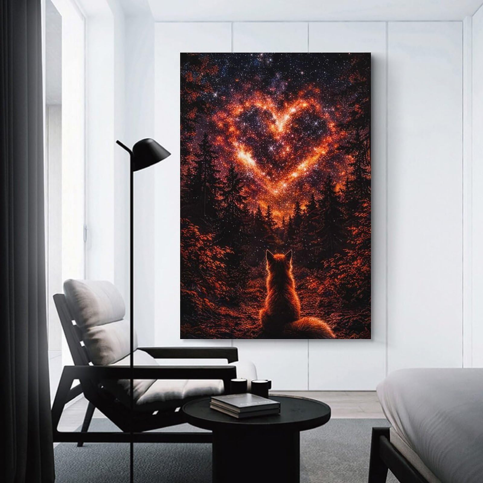 Junmoney Fox Gazing at Starry Heart in Forest Canvas Art Print, 24x36inch(60x90cm), for Bedrooms, Workspaces And Everyday Interiors, A Flexible Wall Accent for Shared Spaces