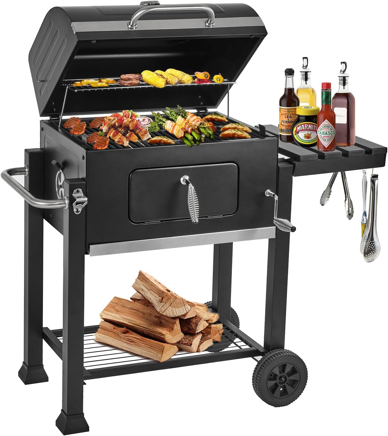 Charcoal Grills,Outdoor BBQ Grill Large Smoker Grill with Side Table,Backyard Barbecue Grill Patio and Parties,Grills Outdoor Cooking with Enameled Grill Grates